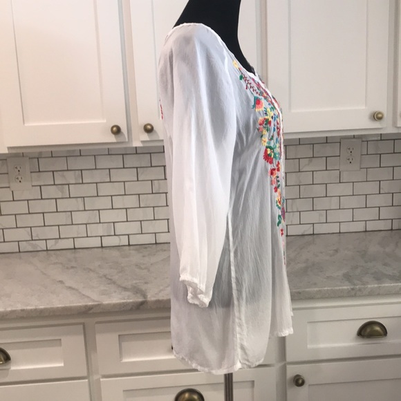 Johnny Was Embroidered Tunic Womens Small White Sheer Silky Floral Boho Fairy - Picture 5 of 11